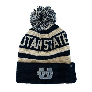 U-State, Utah State, Navy, Brown, Striped, Pom Pom, Cuff, Beanie